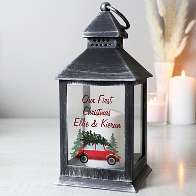 Personalised 'Driving Home For Christmas' Rustic Black Lantern