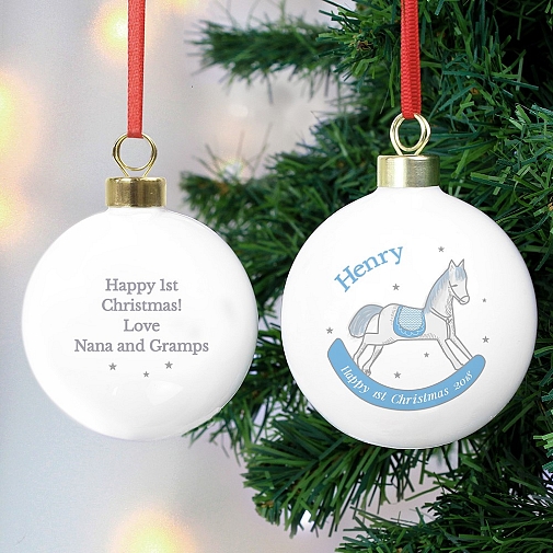 Personalised 1st Christmas Blue Rocking Horse Bauble