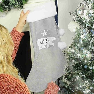 Personalised Polar Bear Luxury Silver Grey Stocking