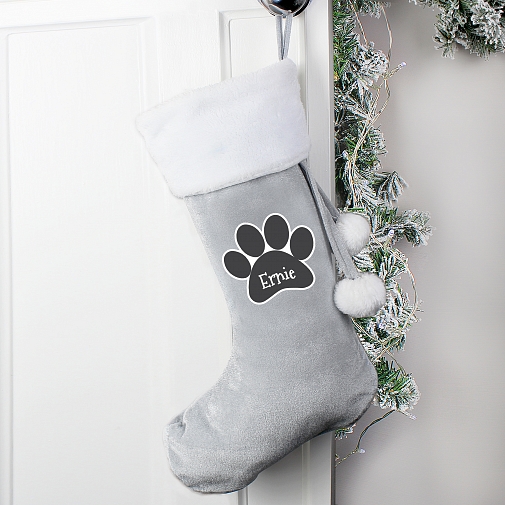 Personalised Paw Print Silver Grey Stocking