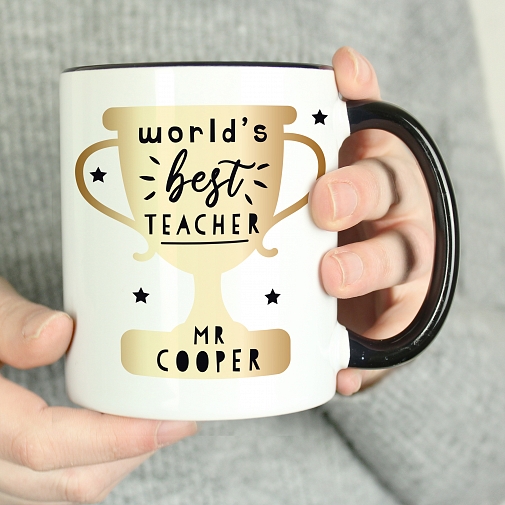 Personalised World's Best Teacher Trophy Black Handled Mug