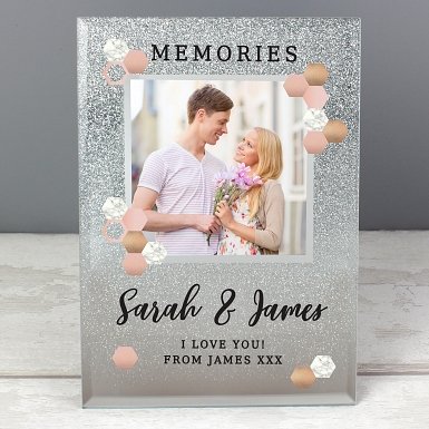 Personalised Cute Hexagon Design 4x4 Glitter Glass Photo Frame