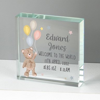 Personalised Teddy & Balloons Crystal Token