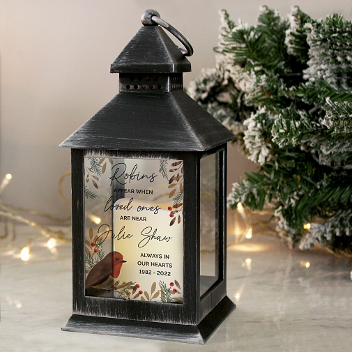 Personalised Robins Appear.. Memorial Black Lantern