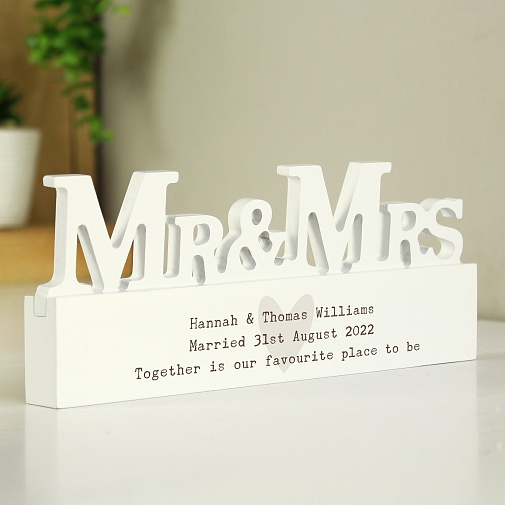 Personalised Free Text Heart Wooden Mr & Mrs Ornament