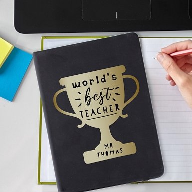 Personalised Worlds Best Teacher Trophy Black Hardback Notebook